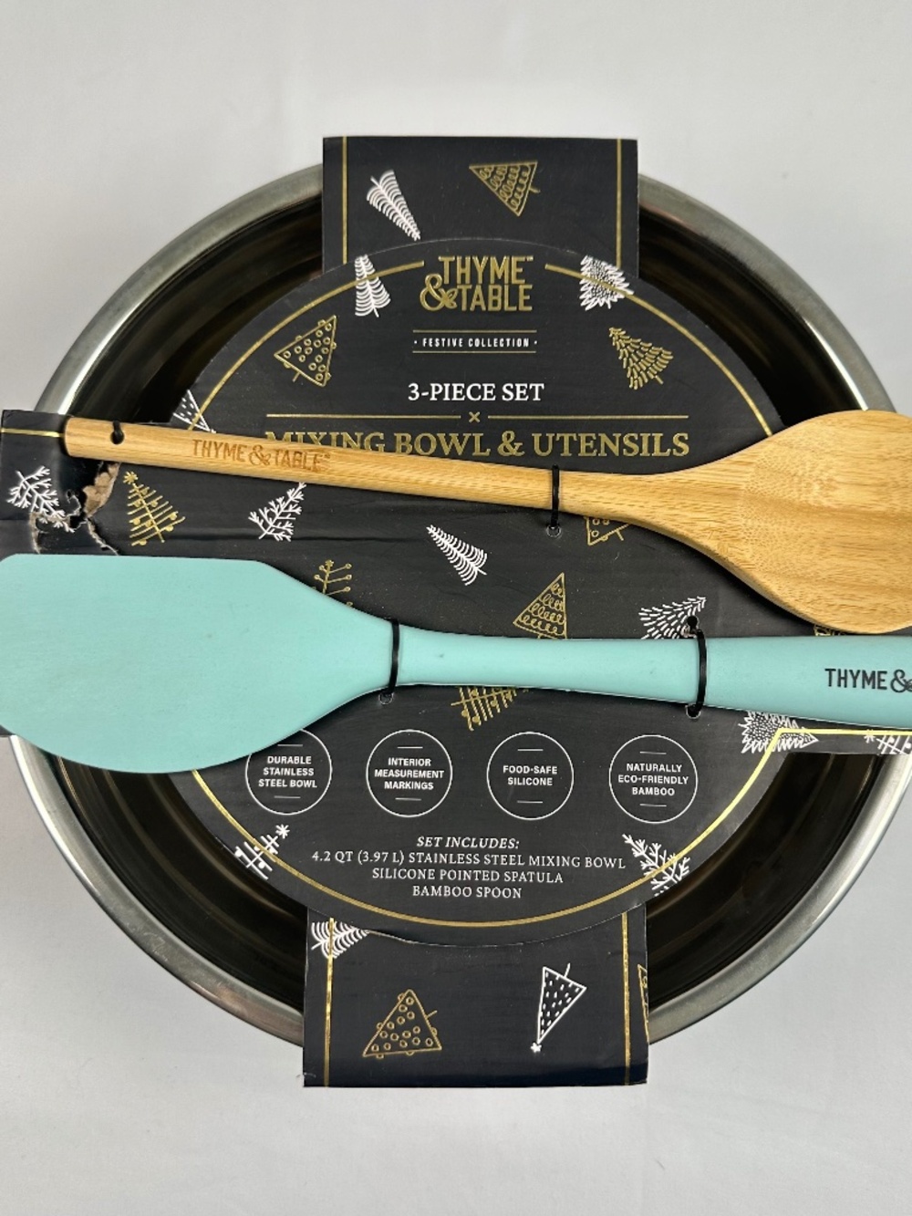 Thyme and Table 3 Pc Festive Collection Bowl Blue Silicone Spatula Bamboo Spoon